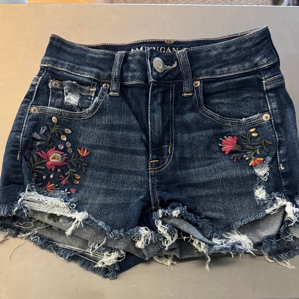 American Eagle Outfitters Dark Blue Jean Shorts with Floral Embroidery